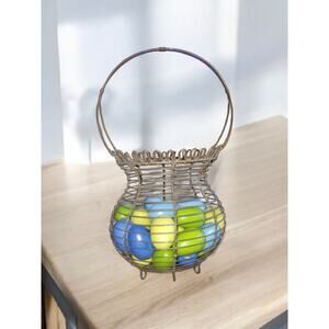Vintage French Wire Egg Basket With 32 Speckled Eggs Realistic